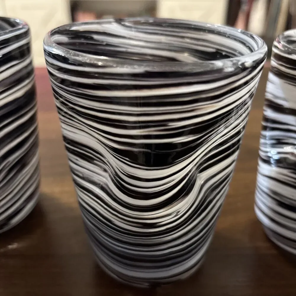 Murano Style Hand Blown glass vintage tumblers Mid Century Modern Black And Whte